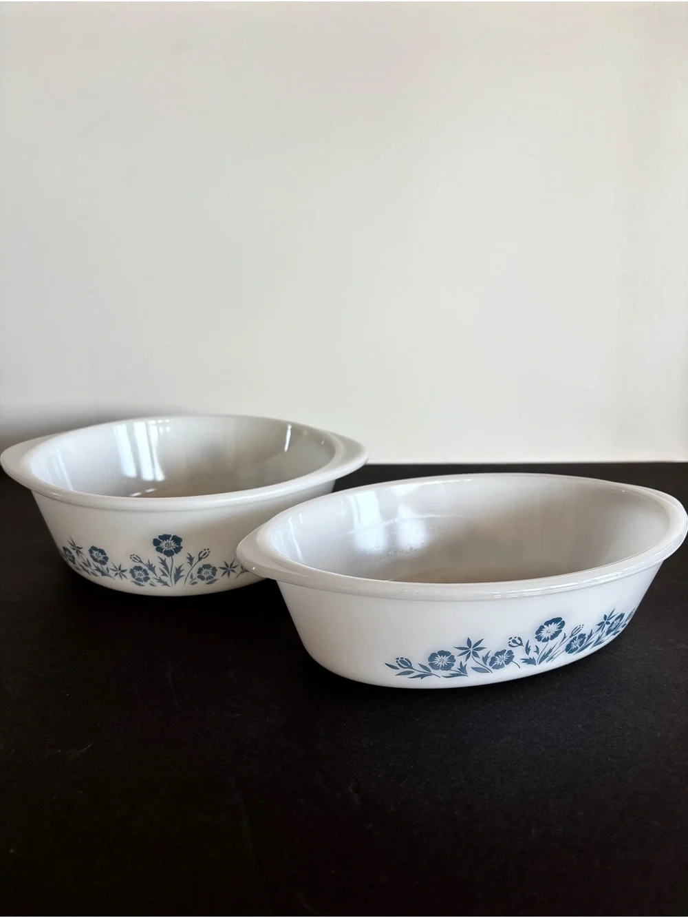 Vintage Glassbake Milk Glass Maid of Honor Blue Floral Bowl and Casserole Dish